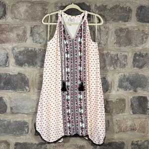 Knox Rose XS Sleeveless Dress Cream Red Floral Embroidered Tassel Boho‎ Mini